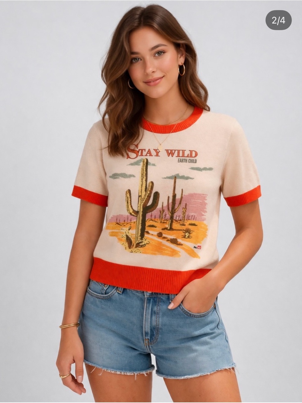Me369 Nora Knit Cactus Stay Wild Desert Graphic Short Sleeve